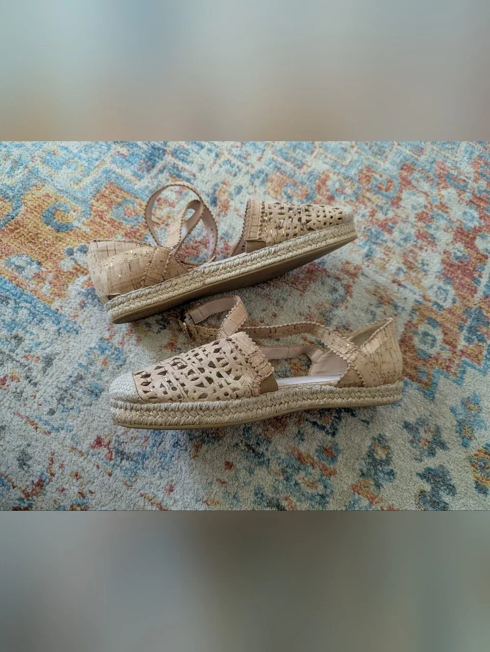 Stuart Weitzman Womens 9.5 M Ozarks Gold Fleck Cork Espadrille Flats Ankle Strap